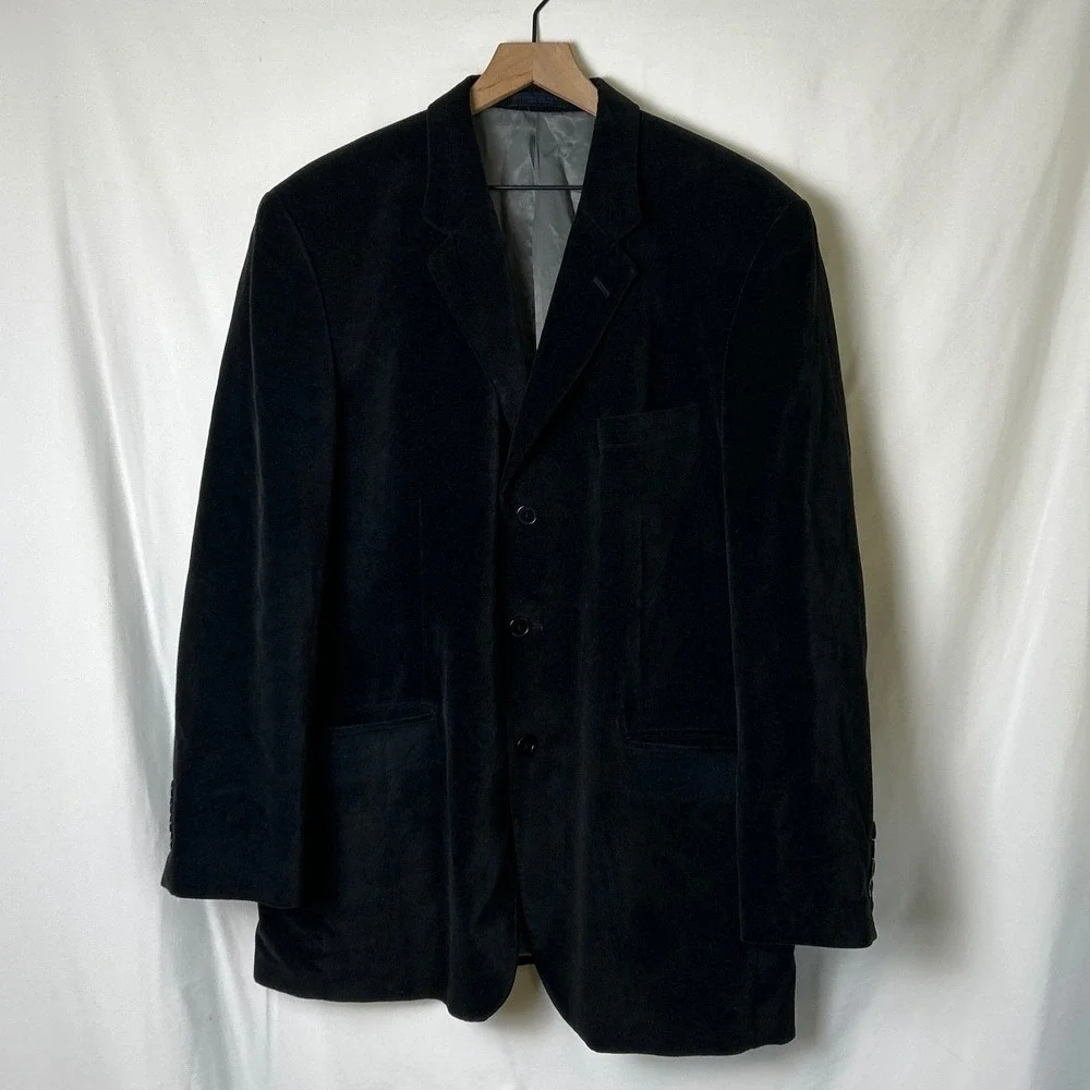 Midtown Man Mens Cotton Velvet 3-Button Blazer Sport Coat Size 42R Black Formal